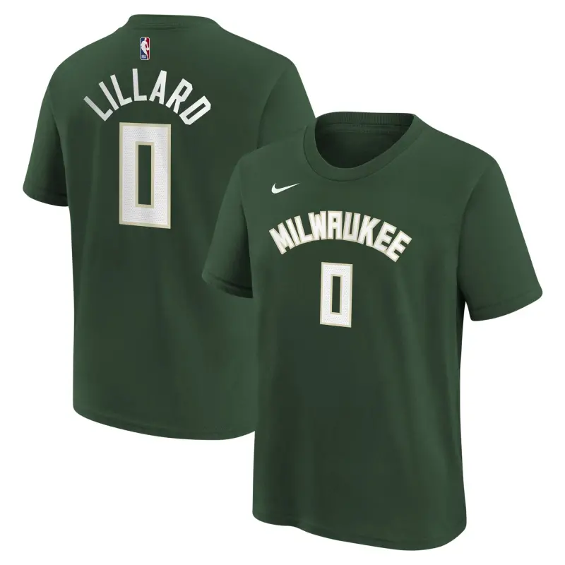 youth milwaukee bucks damian lillard nike hunter green icon name amp number t-shirt