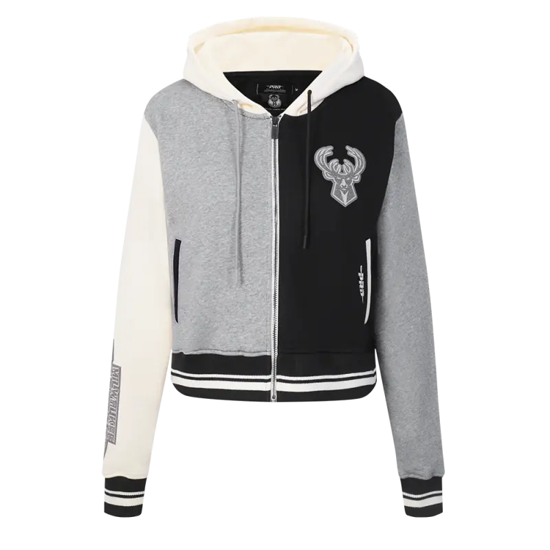 nba milwaukee bucks reverse french terry womens color block fleece full zip hoodie blackgrayeggshell